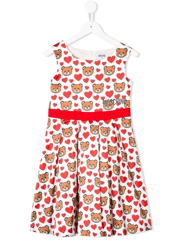 Moschino Kids Bear Heart Print Pleated Dress - White