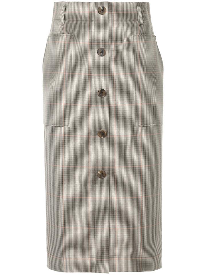 Estnation Checked Front Button Pencil Skirt - Brown