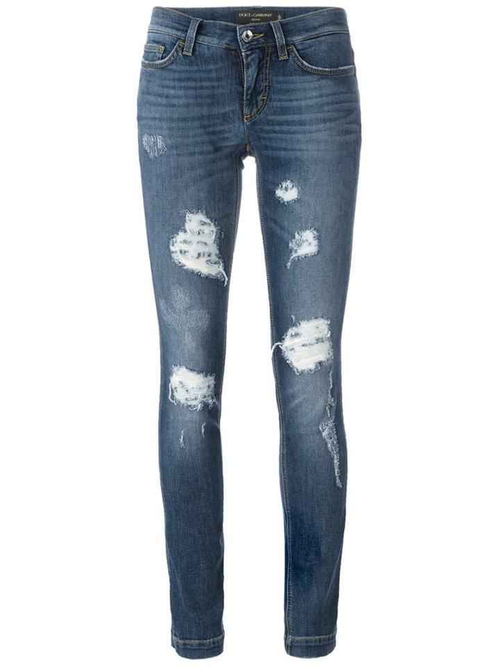 Dolce & Gabbana Ripped Skinny Jeans, Women's, Size: 40, Blue, Cotton/spandex/elastane/zamak/calf Leather