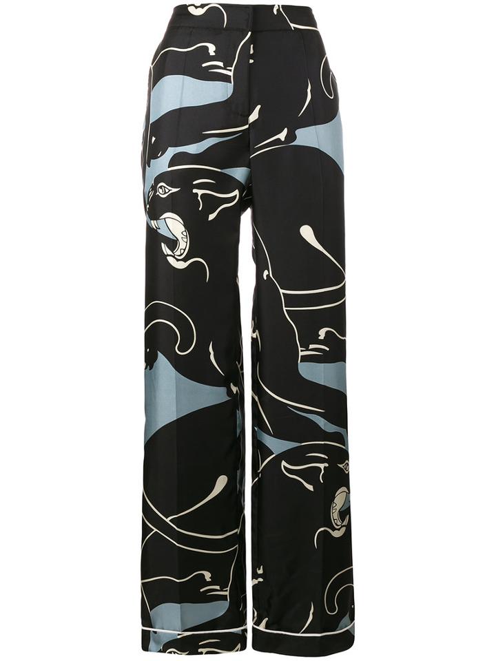 Valentino - Panther Print Palazzo Pants - Women - Silk - M, Black, Silk