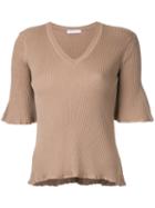 Estnation - Flared V-neck Top - Women - Rayon - 38, Brown, Rayon