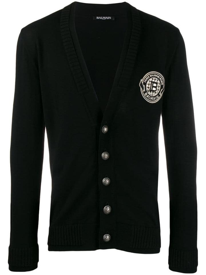 Balmain Logo Patch Knitted Cardigan - Black