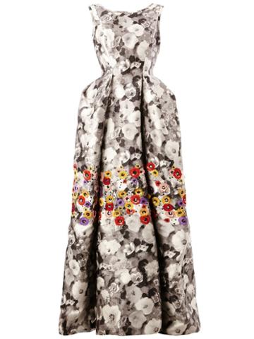 Oscar De La Renta Floral Print Mikado Gown, Women's, Size: 10, Black, Cotton/silk