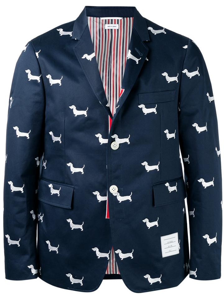 Thom Browne Dog Print Blazer, Men's, Size: 0, Blue, Cotton/cupro