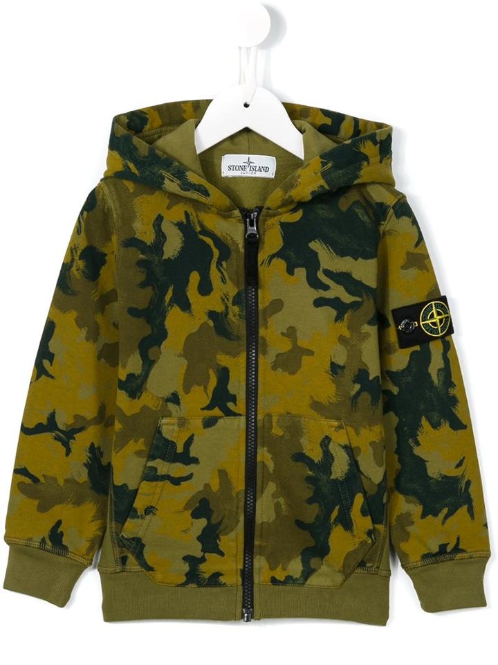 Stone Island Kids Camouflage Print Hooded Jacket, Boy's, Size: 12 Yrs, Green