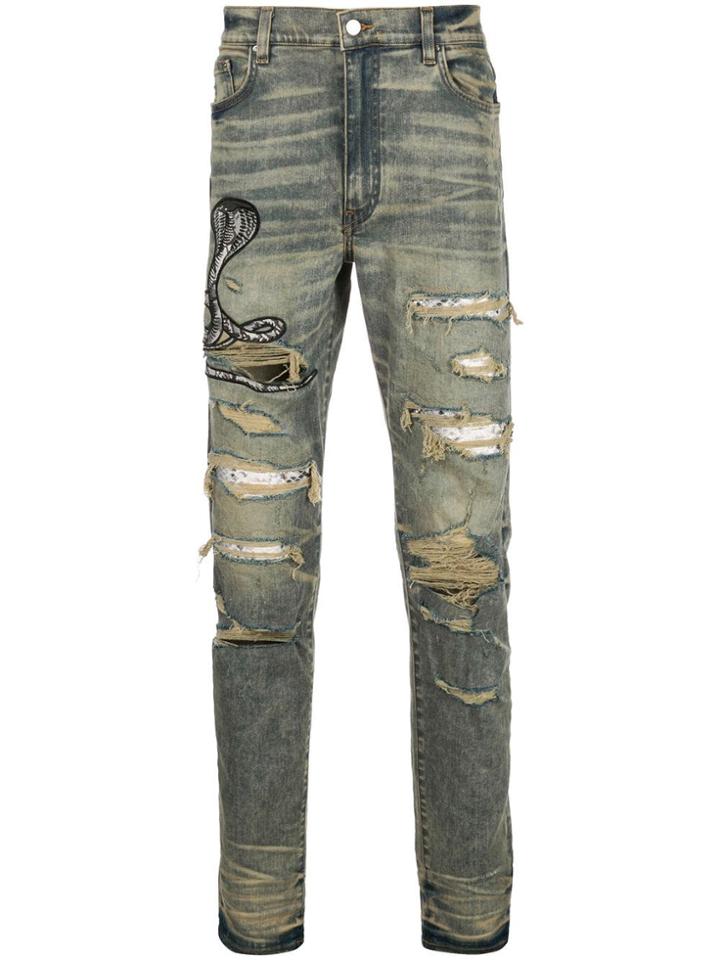 Amiri Cobra Embroidered Distressed Jeans - Blue