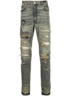 Amiri Cobra Embroidered Distressed Jeans - Blue