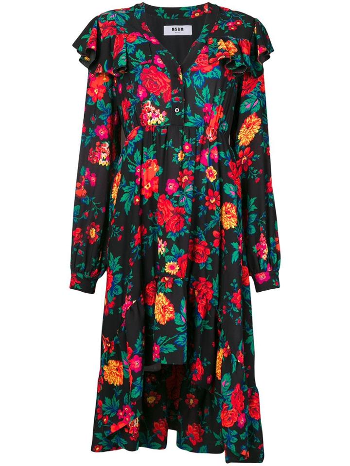 Msgm Flared Floral Print Dress - Black