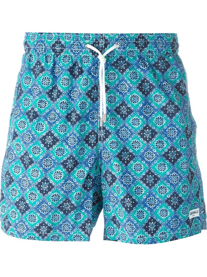 Canali Printed Swim Shorts, Men's, Size: Large, Green, Nylon