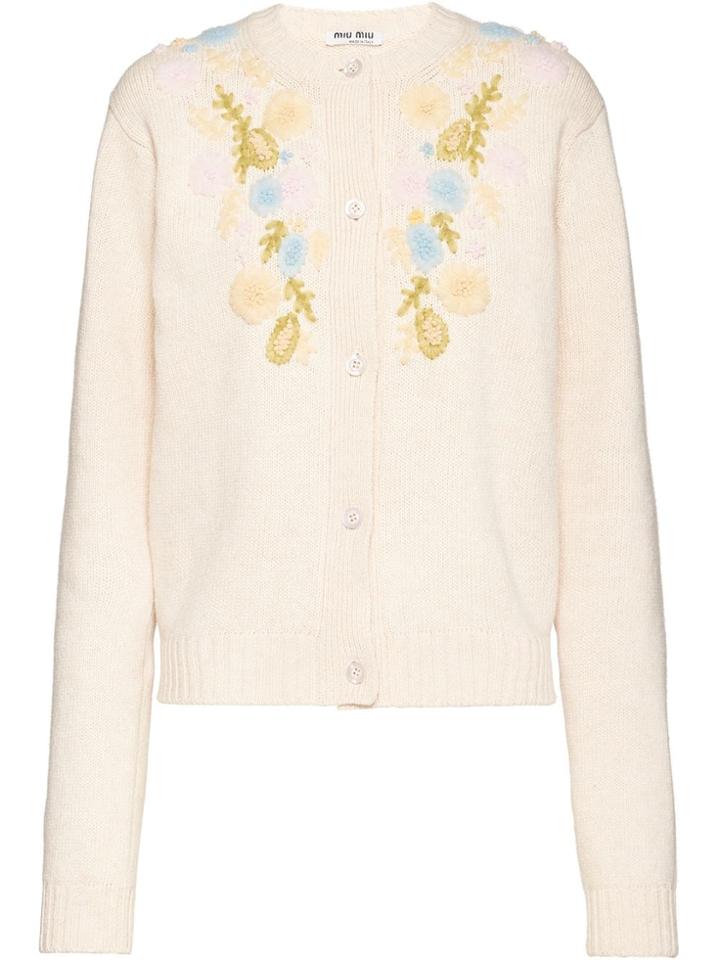Miu Miu Floral Embroidered Cardigan - Neutrals