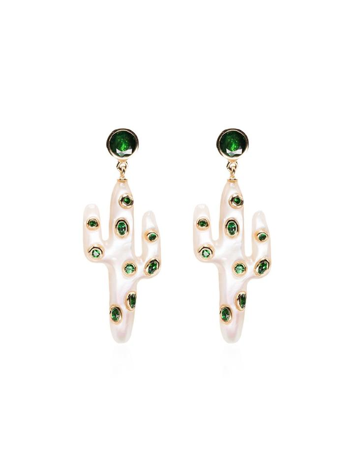 Yvonne Léon 18kt Yellow Gold Cactus Tsavorite Earrings - Gold/white