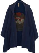 Burberry Crest Wool Blend Jacquard Hooded Cape - Blue