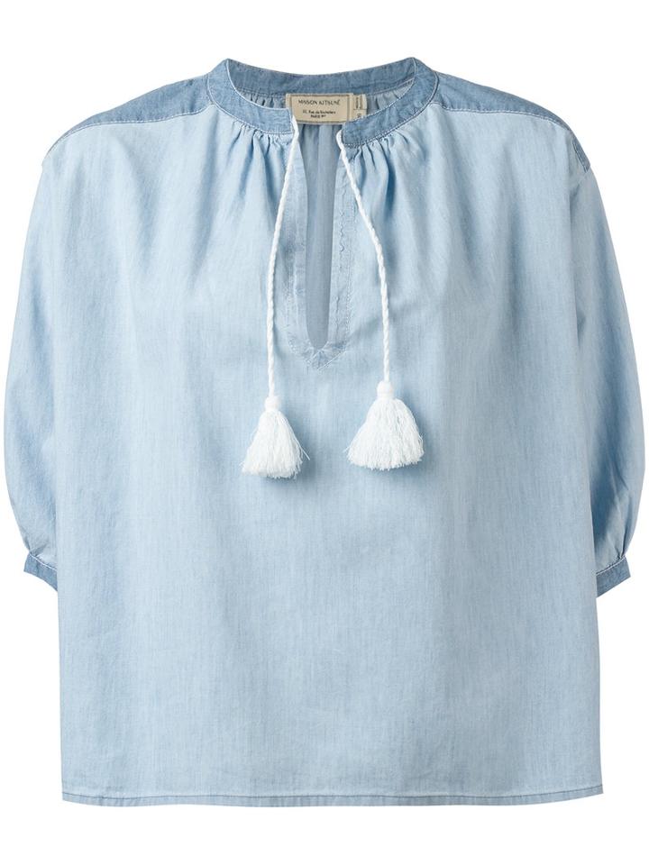 Maison Kitsuné Slit Neck Denim Blouse, Women's, Size: 40, Blue, Cotton