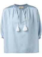 Maison Kitsuné Slit Neck Denim Blouse, Women's, Size: 40, Blue, Cotton