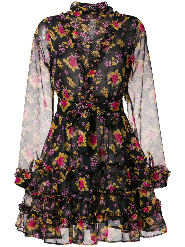 Dodo Bar Or Floral Print Ruffle Trim Dress - Black
