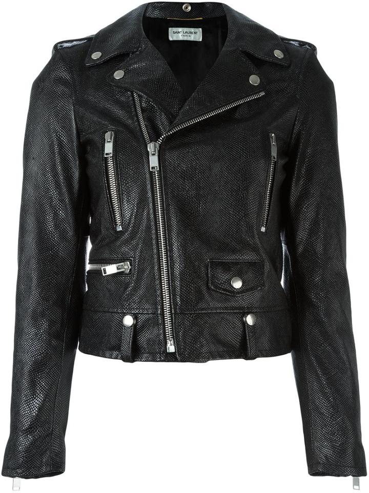 Saint Laurent Snakeskin Effect Biker Jacket, Women's, Size: 40, Black, Cotton/cupro/calf Leather