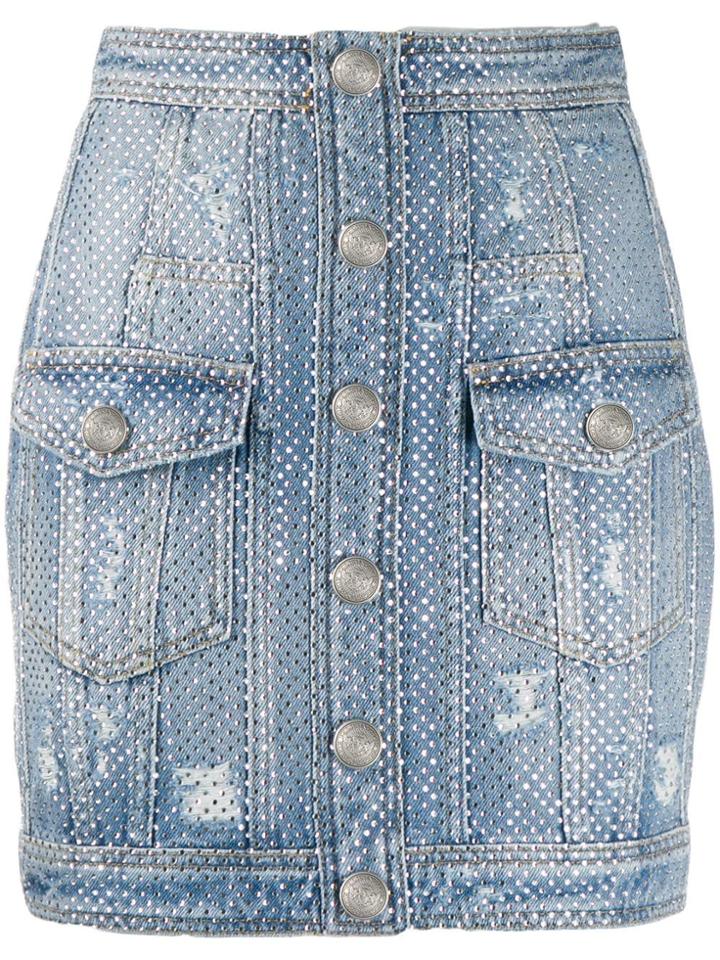 Balmain Distressed Rhinestone Denim Skirt - Blue