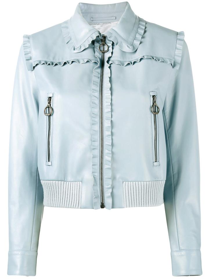 Miu Miu Frill-trimmed Jacket, Women's, Size: 42, Blue, Lamb Skin/viscose/virgin Wool