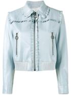 Miu Miu Frill-trimmed Jacket, Women's, Size: 42, Blue, Lamb Skin/viscose/virgin Wool