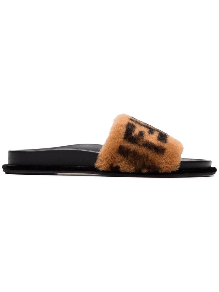 Fendi Black And Brown Ff Logo Shearling Slides