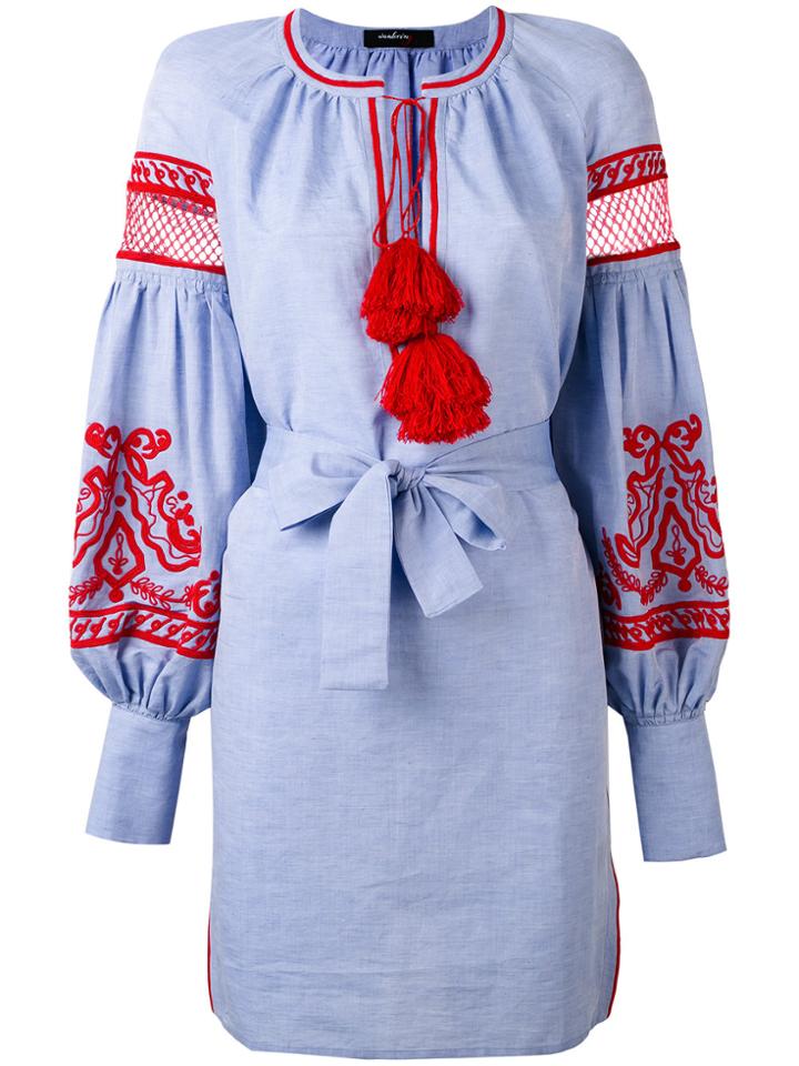 Wandering Embroidered Plunge Dress - Blue