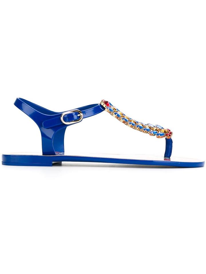 Dolce & Gabbana Carretto Siciliano Sole Print Sandals, Women's, Size: 37, Blue, Swarovski Crystal/rubber