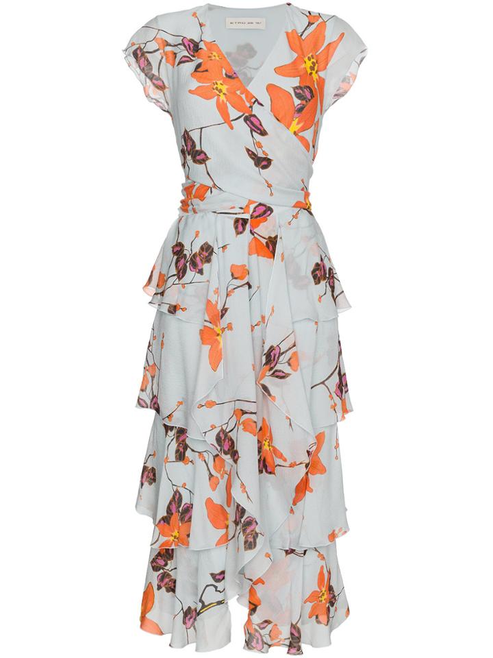 Etro Floral Print Ruffled Silk Dress - Blue