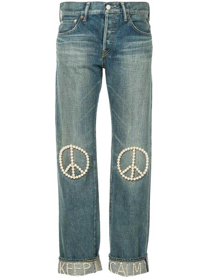Tu Es Mon Trésor Pearl Peace Symbol Jeans Short Length - Blue