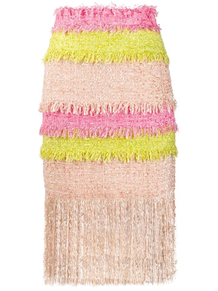 Msgm Colour Block Fringed Tweed Skirt - Pink