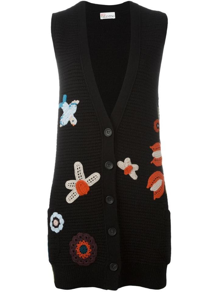 Red Valentino Embroidered Flower Sleeveless Cardigan, Women's, Size: Small, Black, Virgin Wool