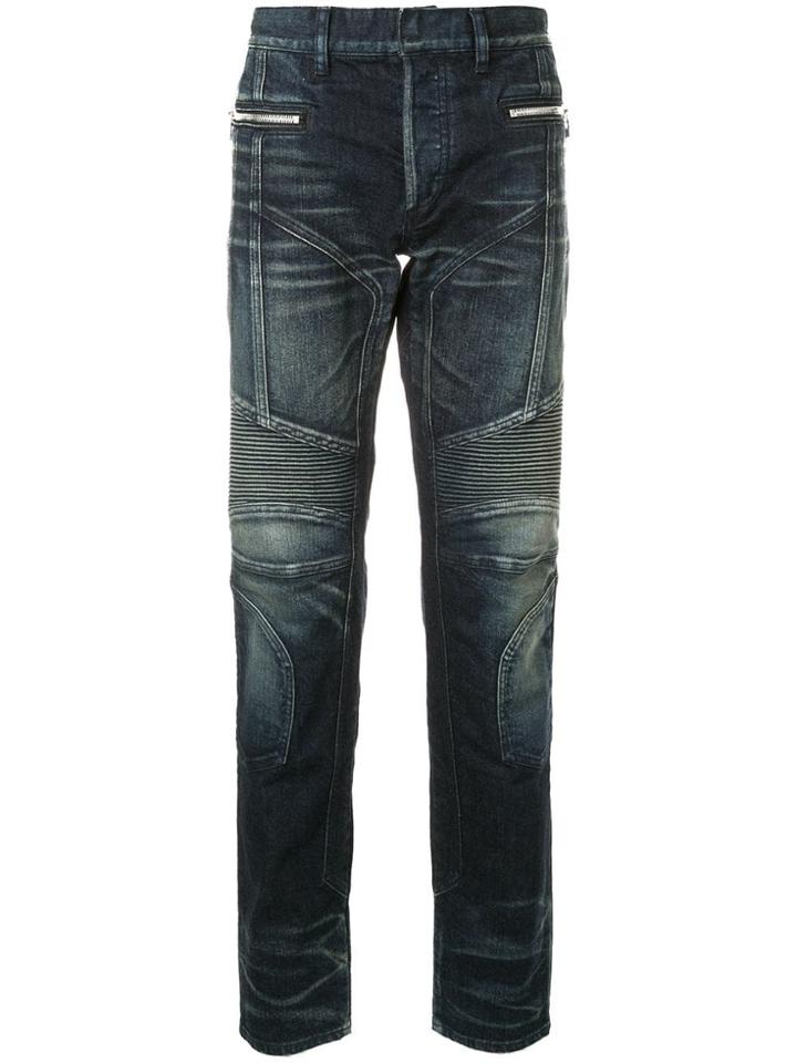 Balmain Stonewashed Tapered Biker Jeans - Blue