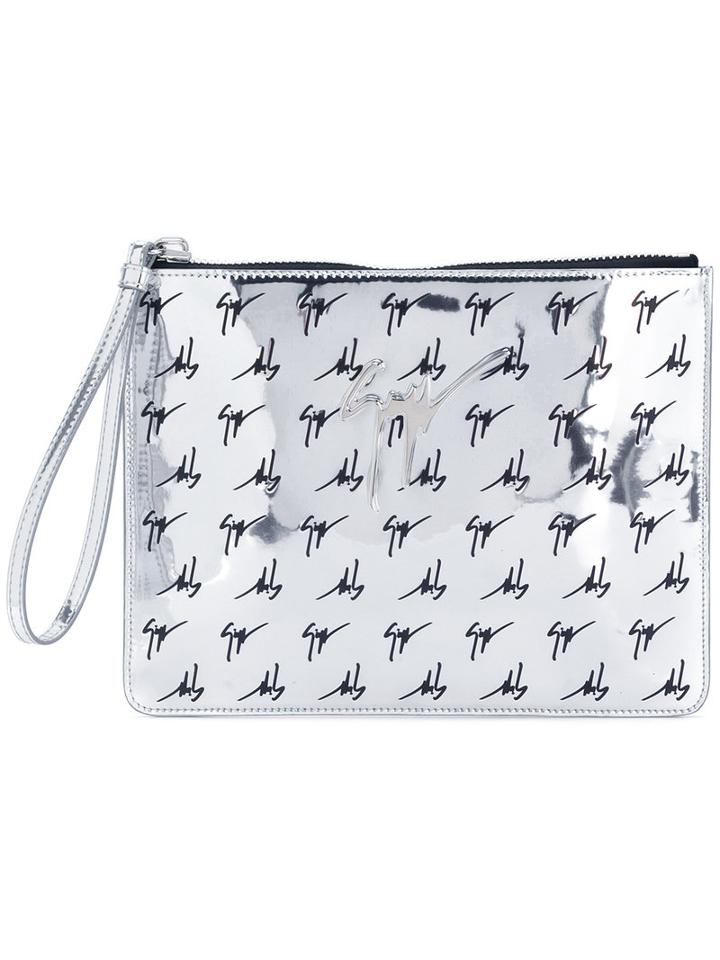 Giuseppe Zanotti Design Logo Print Zipped Clutch, Women's, Grey, Polyester/polyurethane