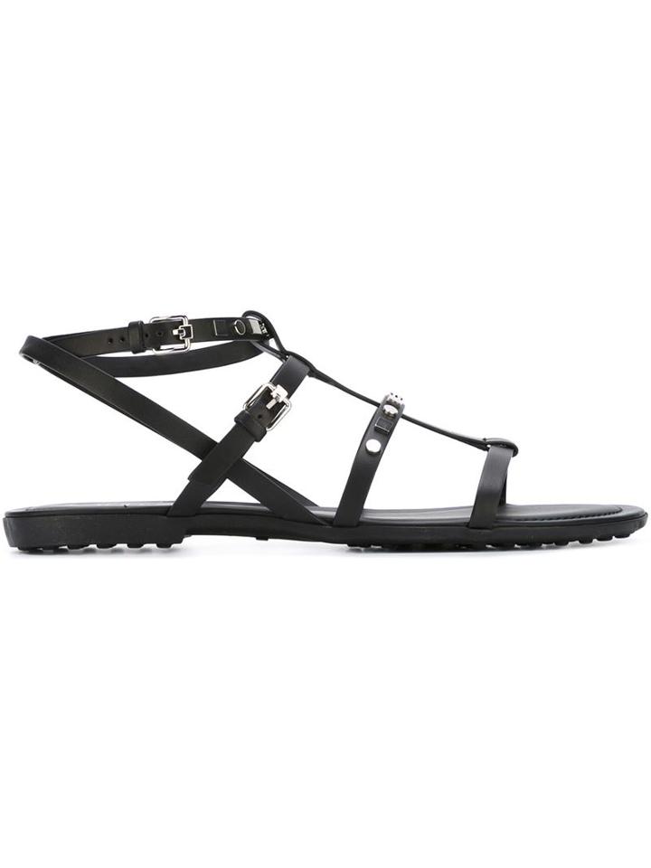 Tod S Studded Strappy Flat Sandals, Women's, Size: 38.5, Black, Calf Leather/leather/metal Other/rubber