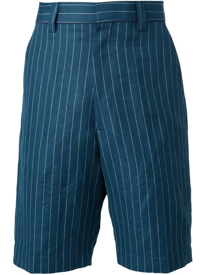 Umit Benan Pinstriped Bermuda Shorts, Men's, Size: 50, Blue, Cotton/linen/flax