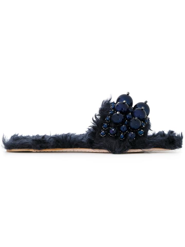 Miu Miu Embellished Faux Fur Sandals - Blue