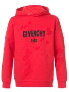 Givenchy - Distressed Logo Print Hoodie - Men - Cotton/polyester - S, Red, Cotton/polyester