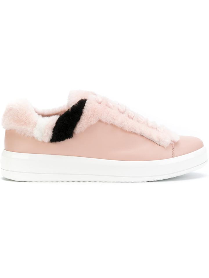 Prada Fur Panel Lace-up Sneakers - Pink & Purple