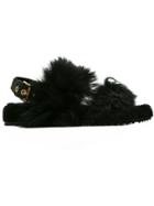 Car Shoe Fur Embellished Slider Sandals - Black