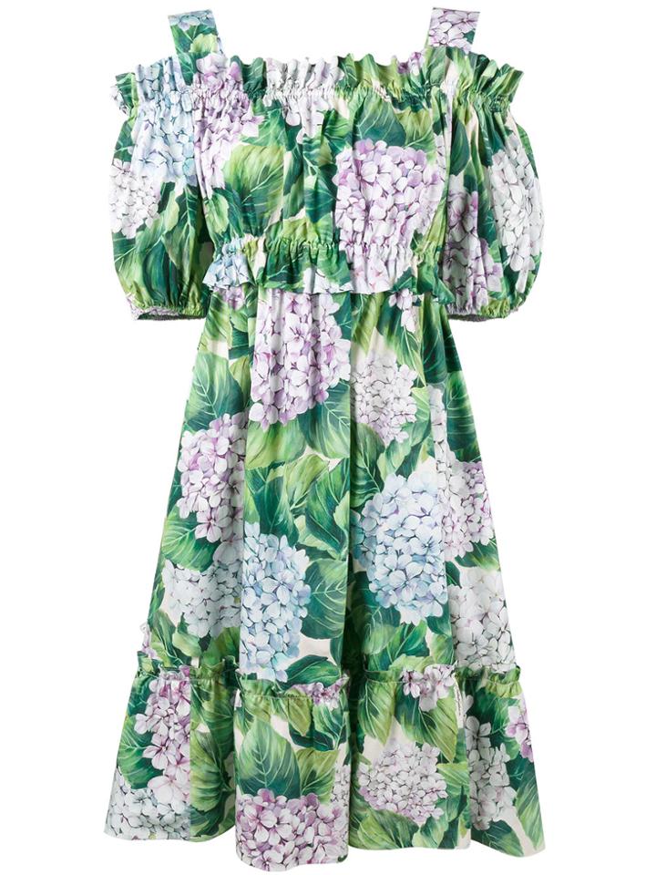 Dolce & Gabbana Hydrangea Print Cold Shoulder Dress - Green