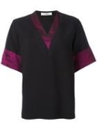 Lanvin Block Trim V Neck T-shirt, Women's, Size: 44, Black, Acetate/viscose/polyester/silk