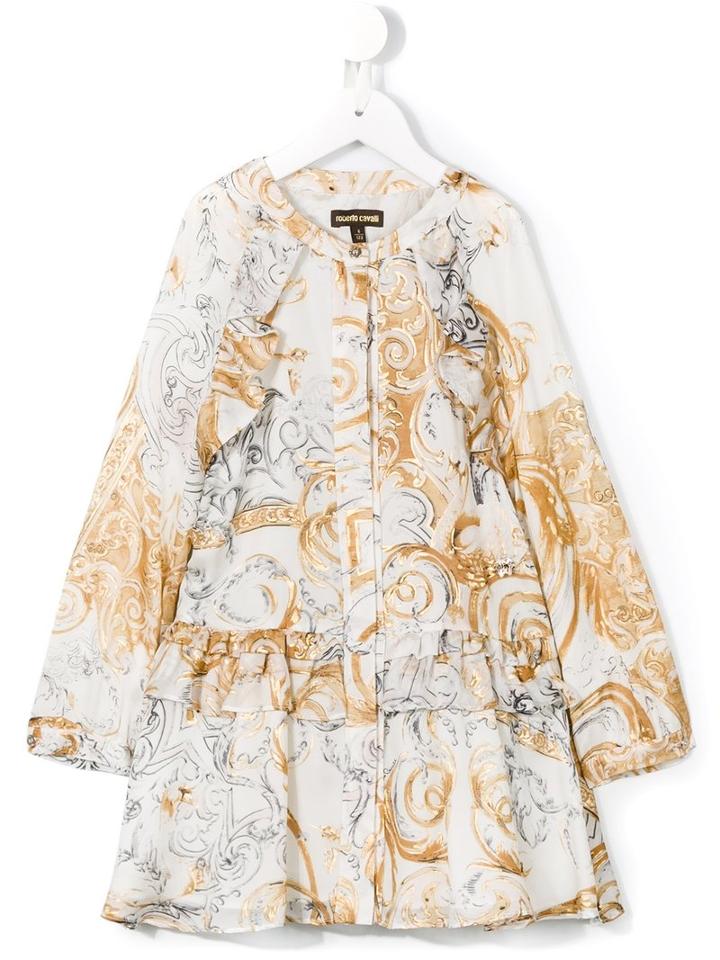 Roberto Cavalli Kids Baroque Print Ruffle Trim Dress, Girl's, Size: 12 Yrs, White