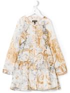 Roberto Cavalli Kids Baroque Print Ruffle Trim Dress, Girl's, Size: 12 Yrs, White
