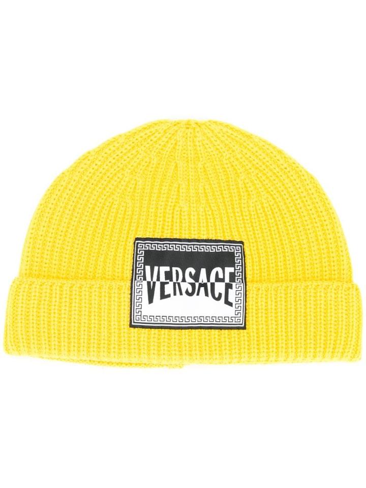 Versace Logo Patch Wool Beanie - Yellow