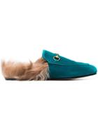 Gucci Turquoise Princetown Velvet Fur Lined Mules - Blue