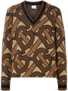 Burberry Monogram Intarsia Wool V-neck Sweater - Brown
