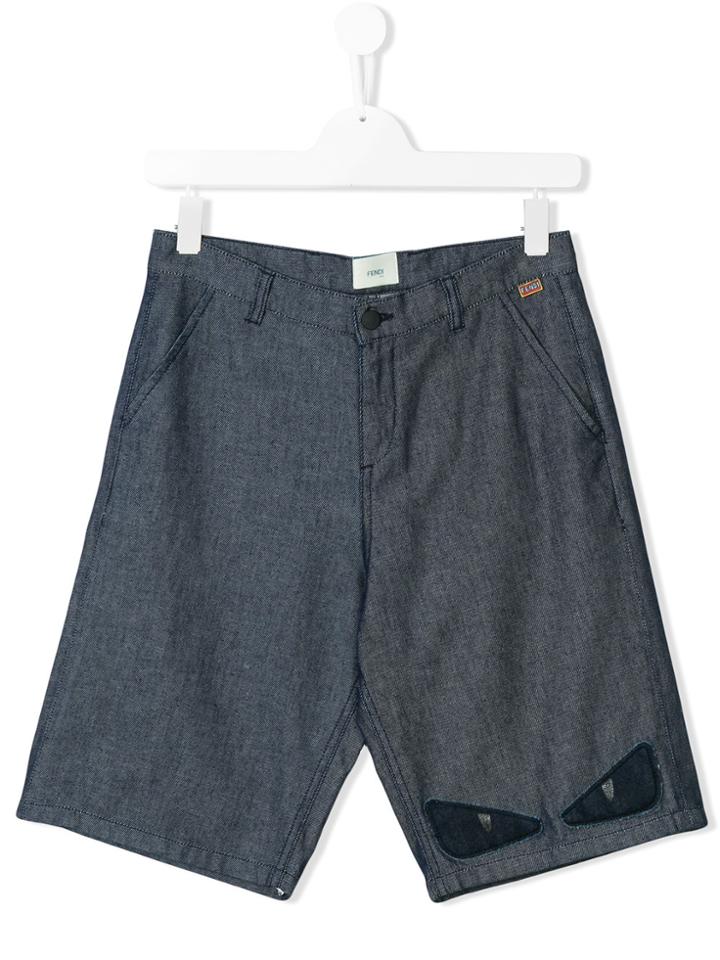 Fendi Kids Bag Bugs-appliqué Denim Shorts - Blue
