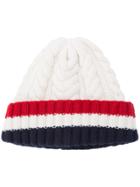 Thom Browne Aran Cable Hat With Red, White And Blue Hem Stripe In