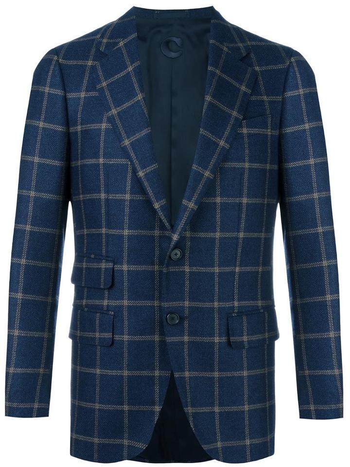 Caruso Checked Blazer, Men's, Size: 50, Blue, Cupro/wool
