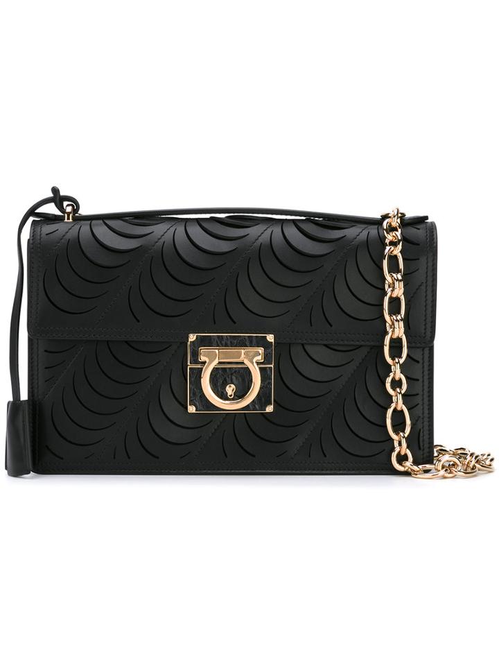 Salvatore Ferragamo Embroidered Shoulder Bag, Women's, Black, Calf Leather
