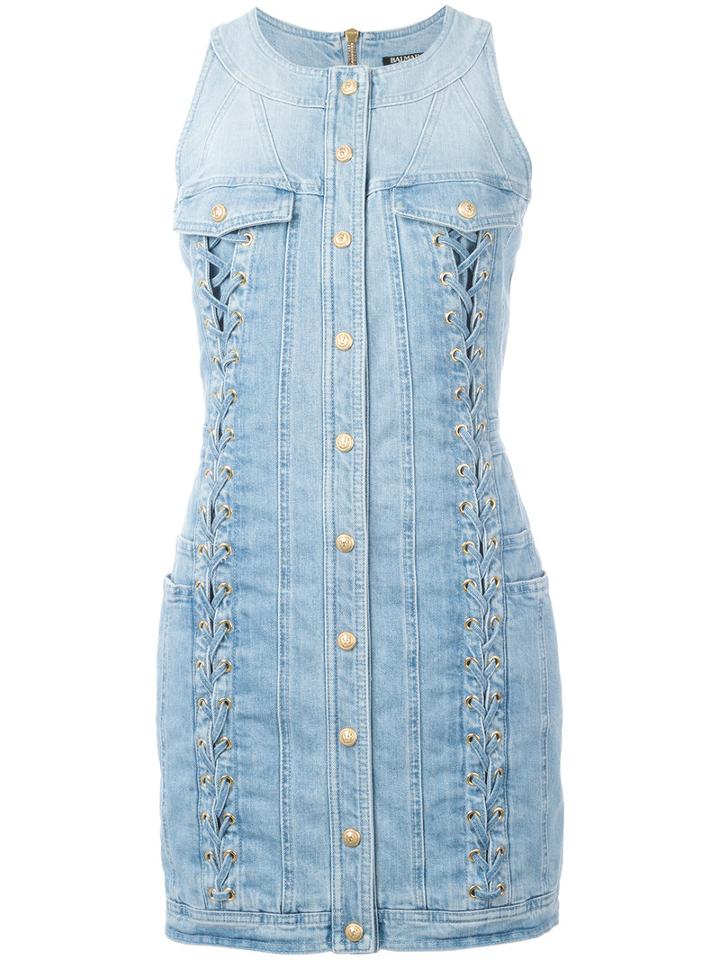 Balmain Lace-up Detail Denim Dress, Women's, Size: 40, Blue, Cotton/spandex/elastane